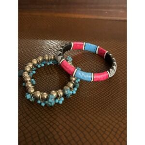 2 Bracelet Set Blue Pink Black Silver Women's‎ Jewelry Beaded & Bangle Boho